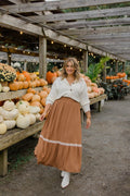 Contrast Lace Trim Smocked Waist Midi Skirt