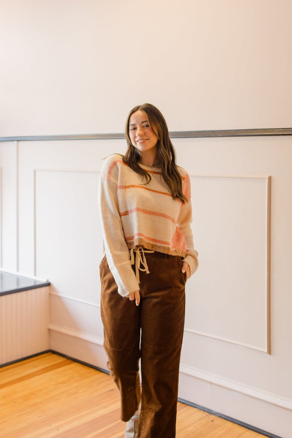 Corduroy Elastic Tie Waist Straight Pant