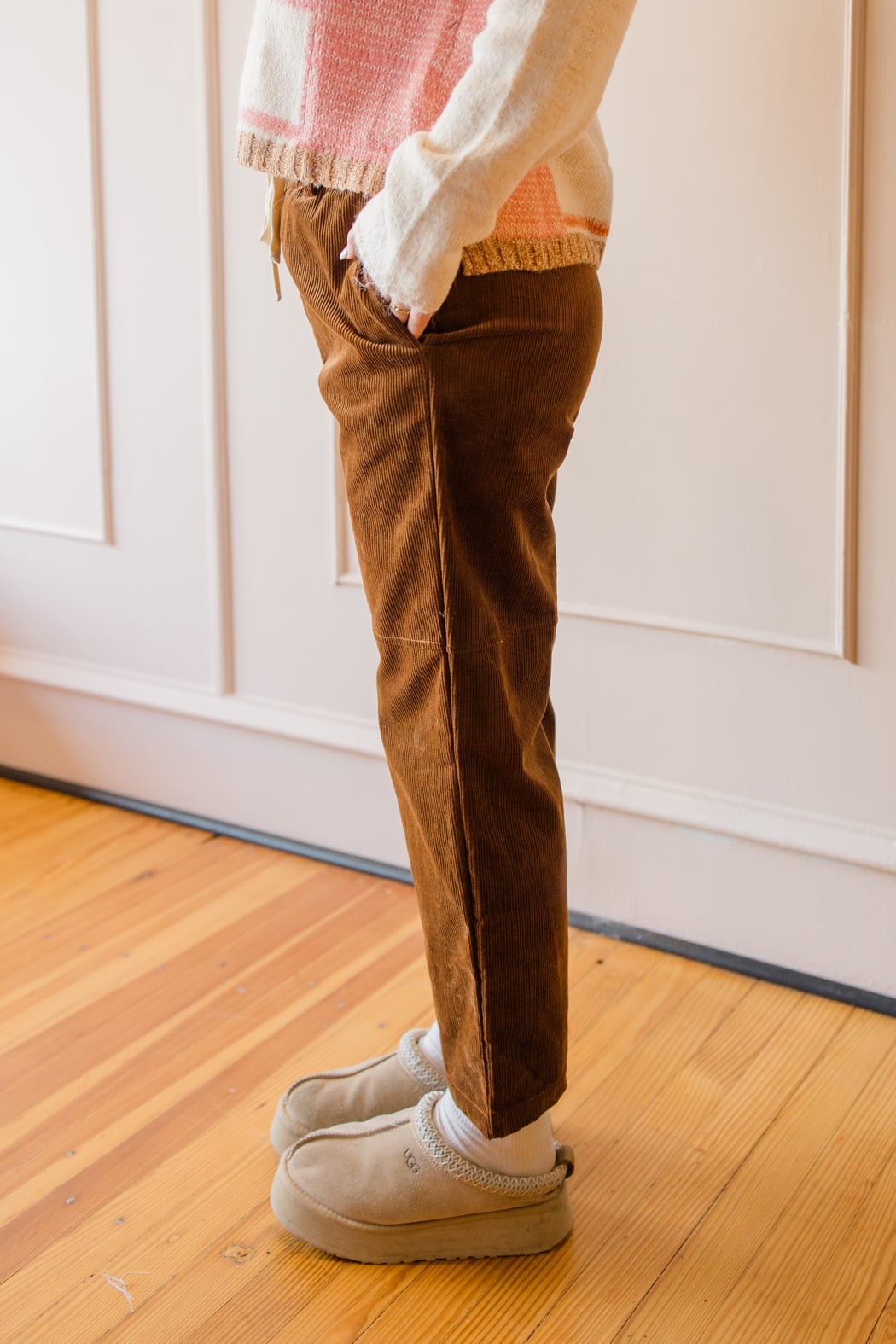 Corduroy Elastic Tie Waist Straight Pant