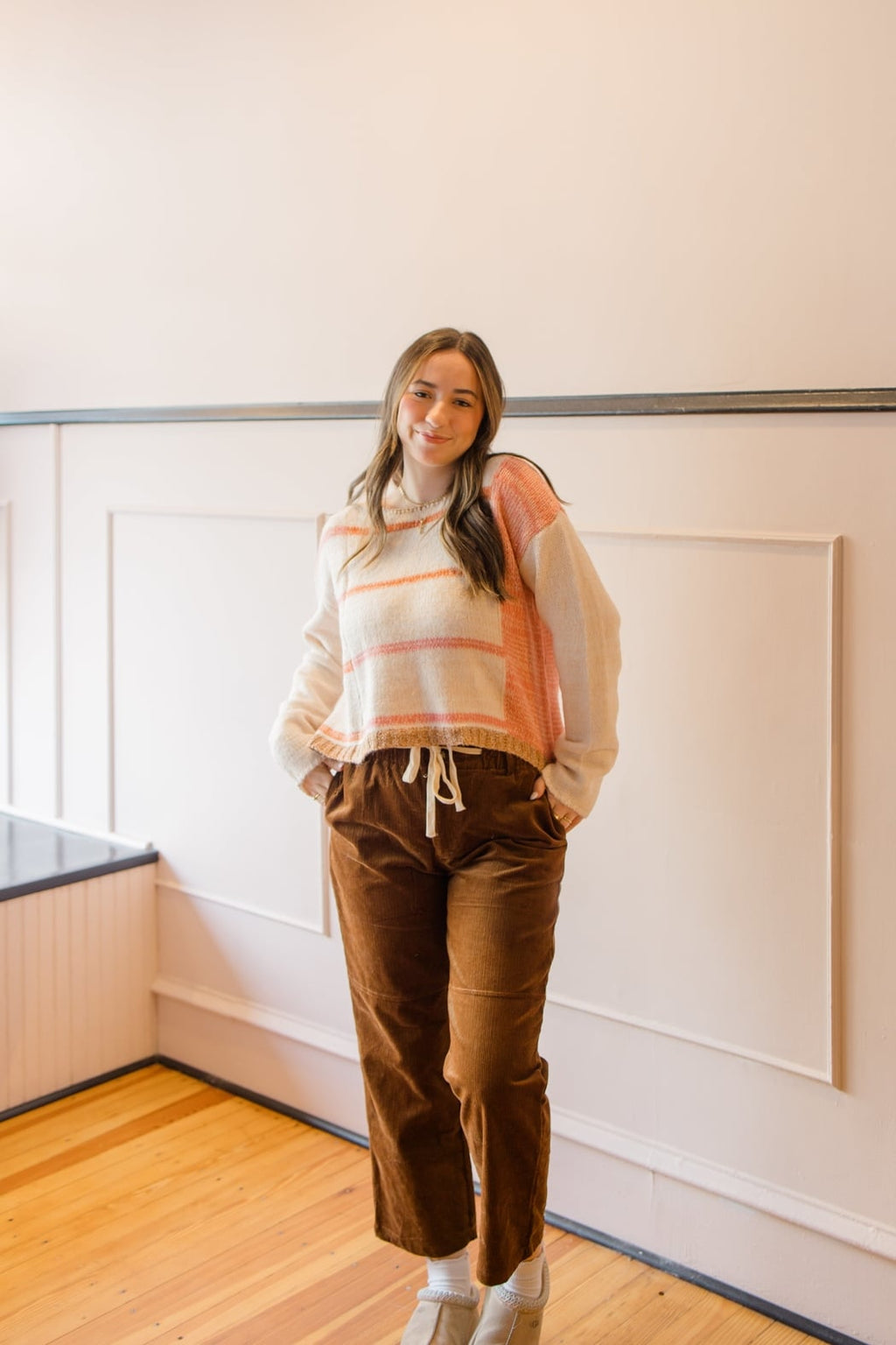 Corduroy Elastic Tie Waist Straight Pant