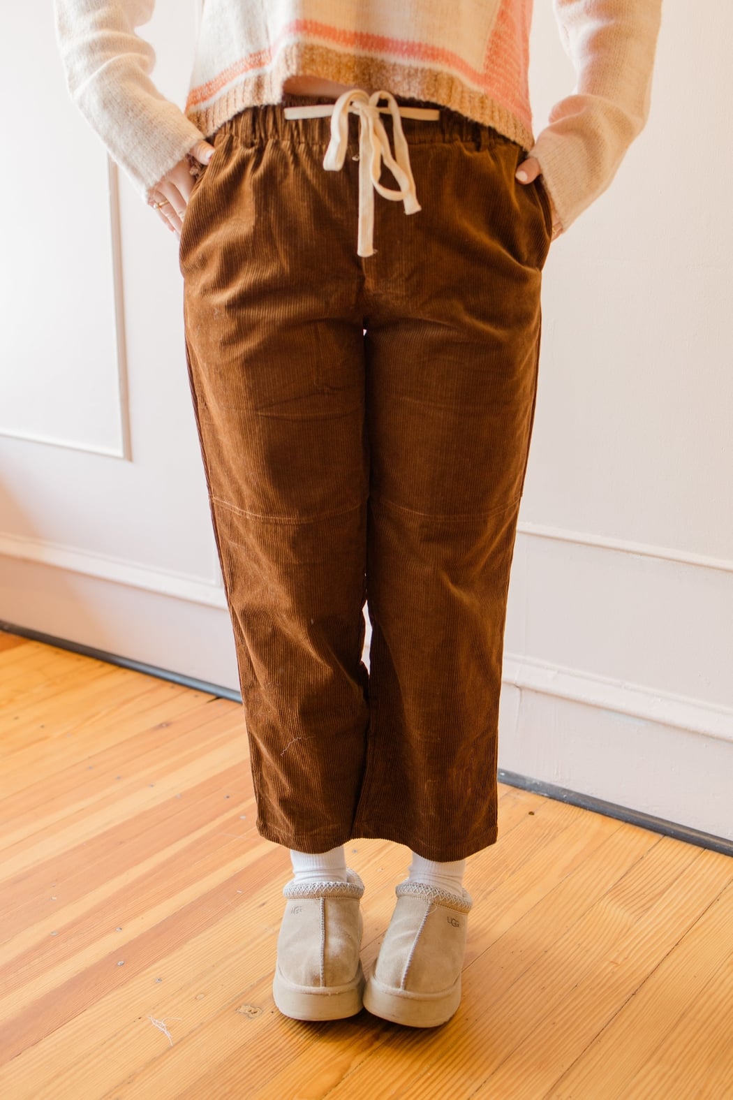 Corduroy Elastic Tie Waist Straight Pant