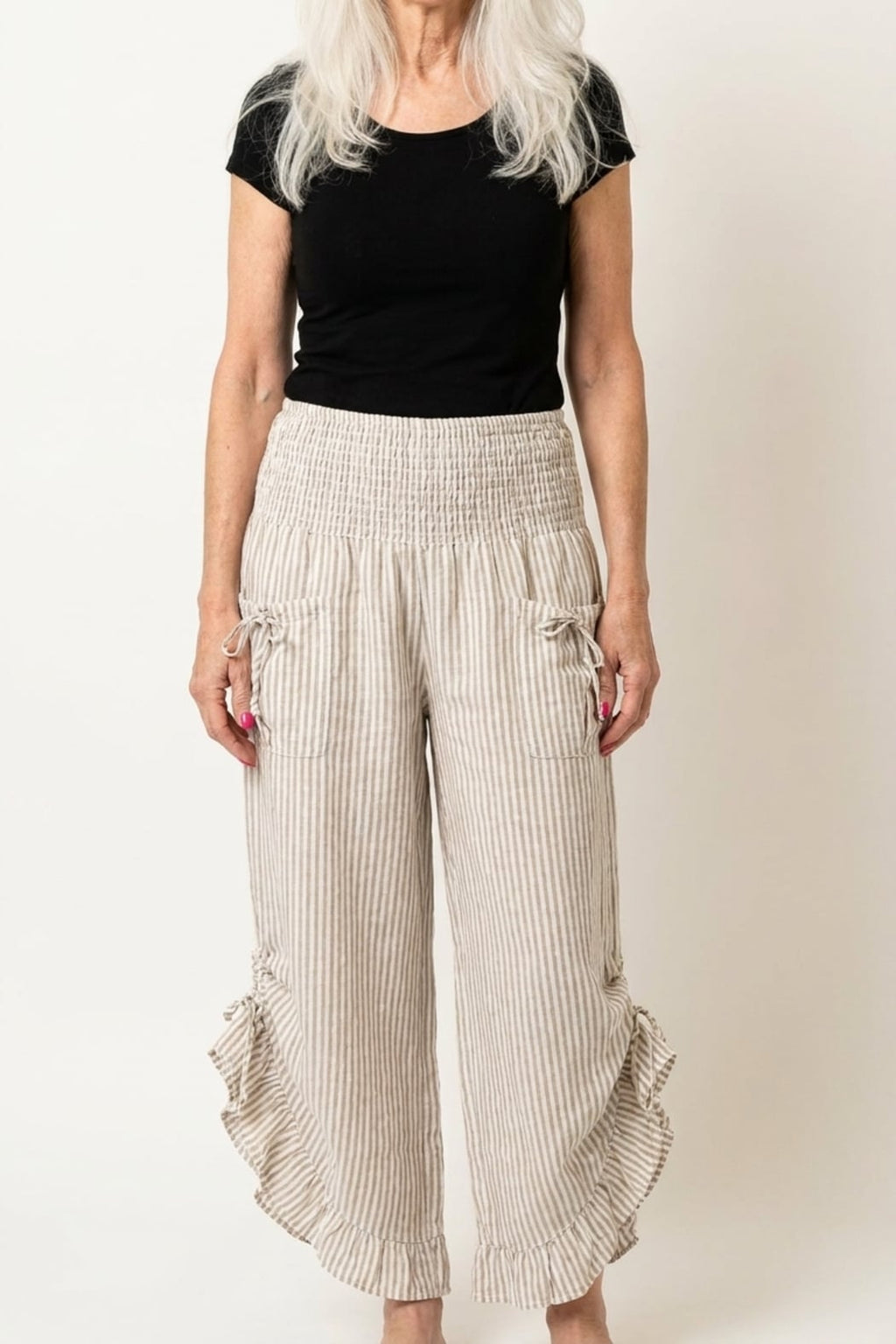 Beige Stripe Ruffled Hem Pantaloon Pant