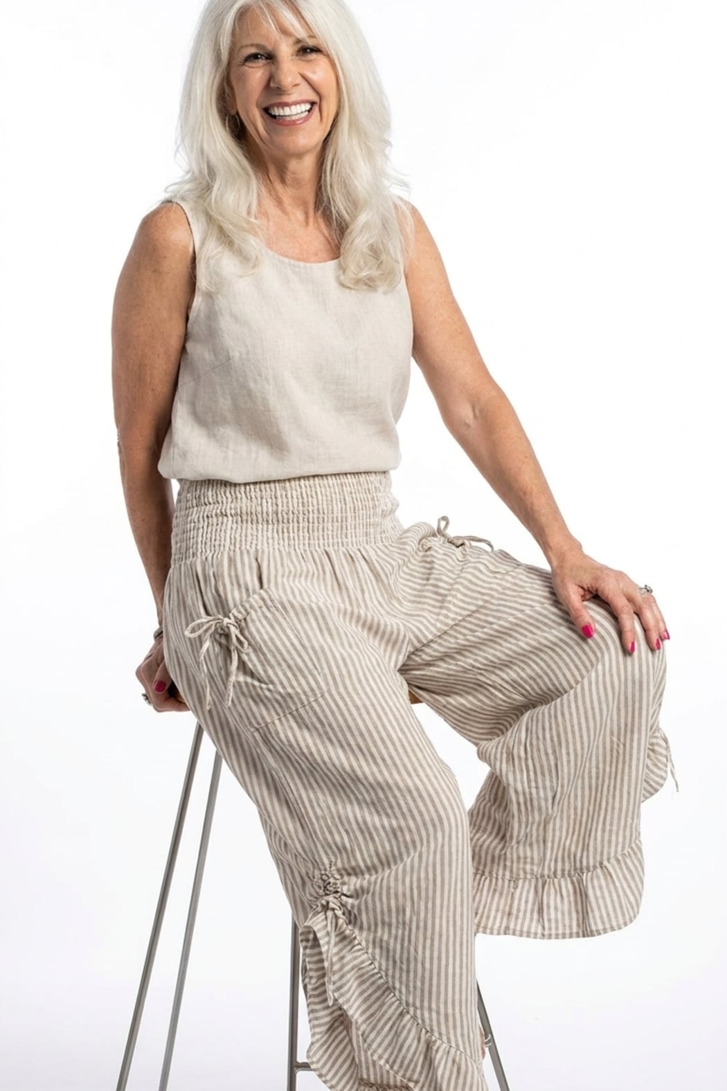 Beige Stripe Ruffled Hem Pantaloon Pant