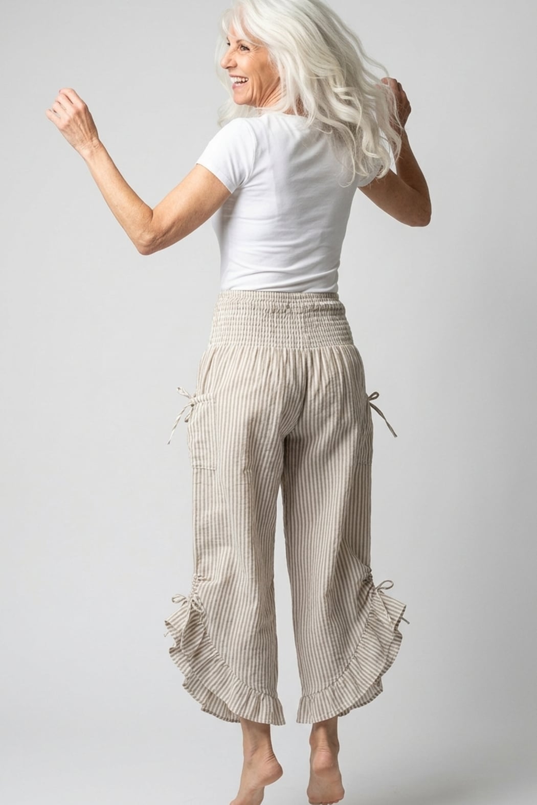 Beige Stripe Ruffled Hem Pantaloon Pant