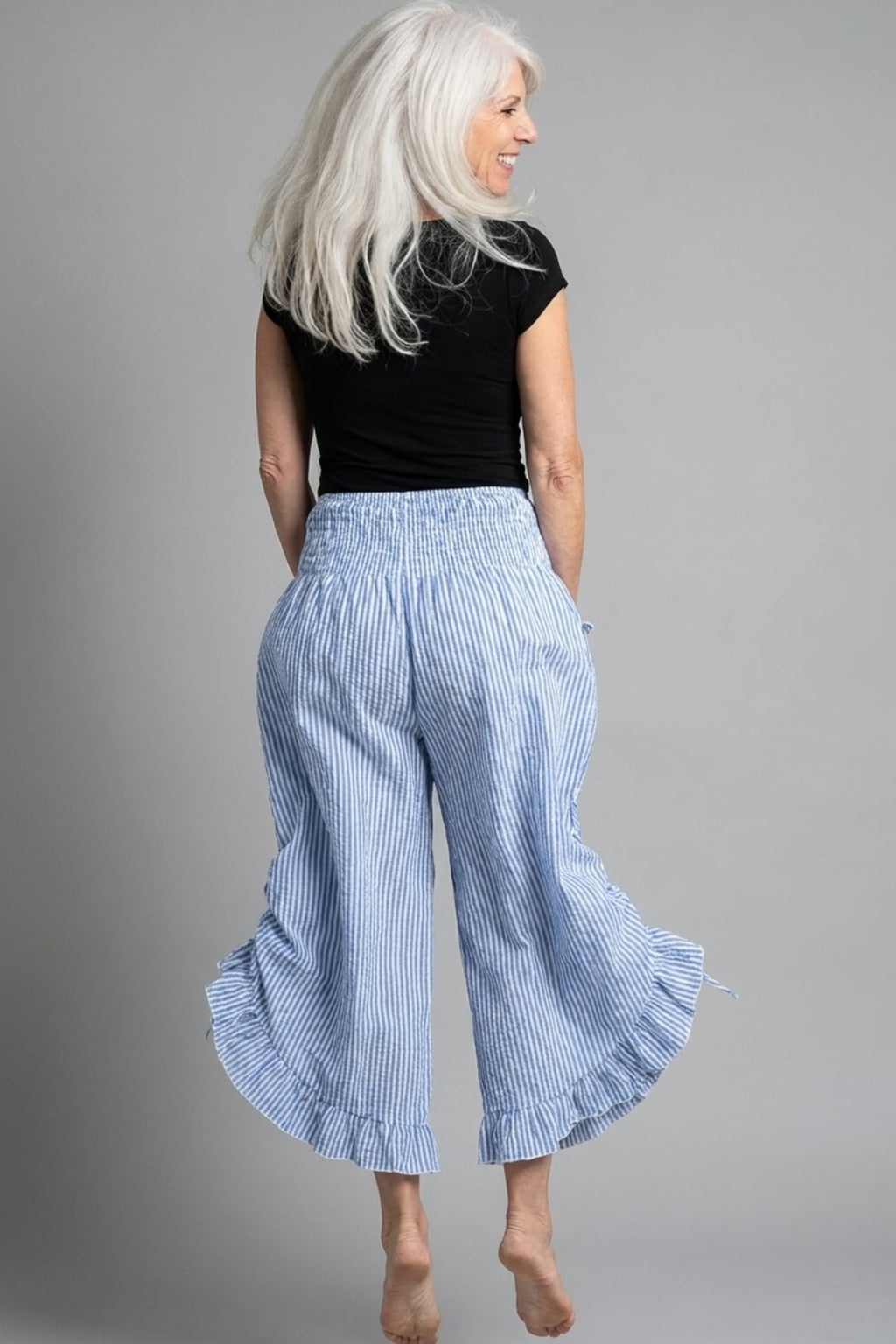 Blue Stripe Ruffled Hem Pantaloon Pant