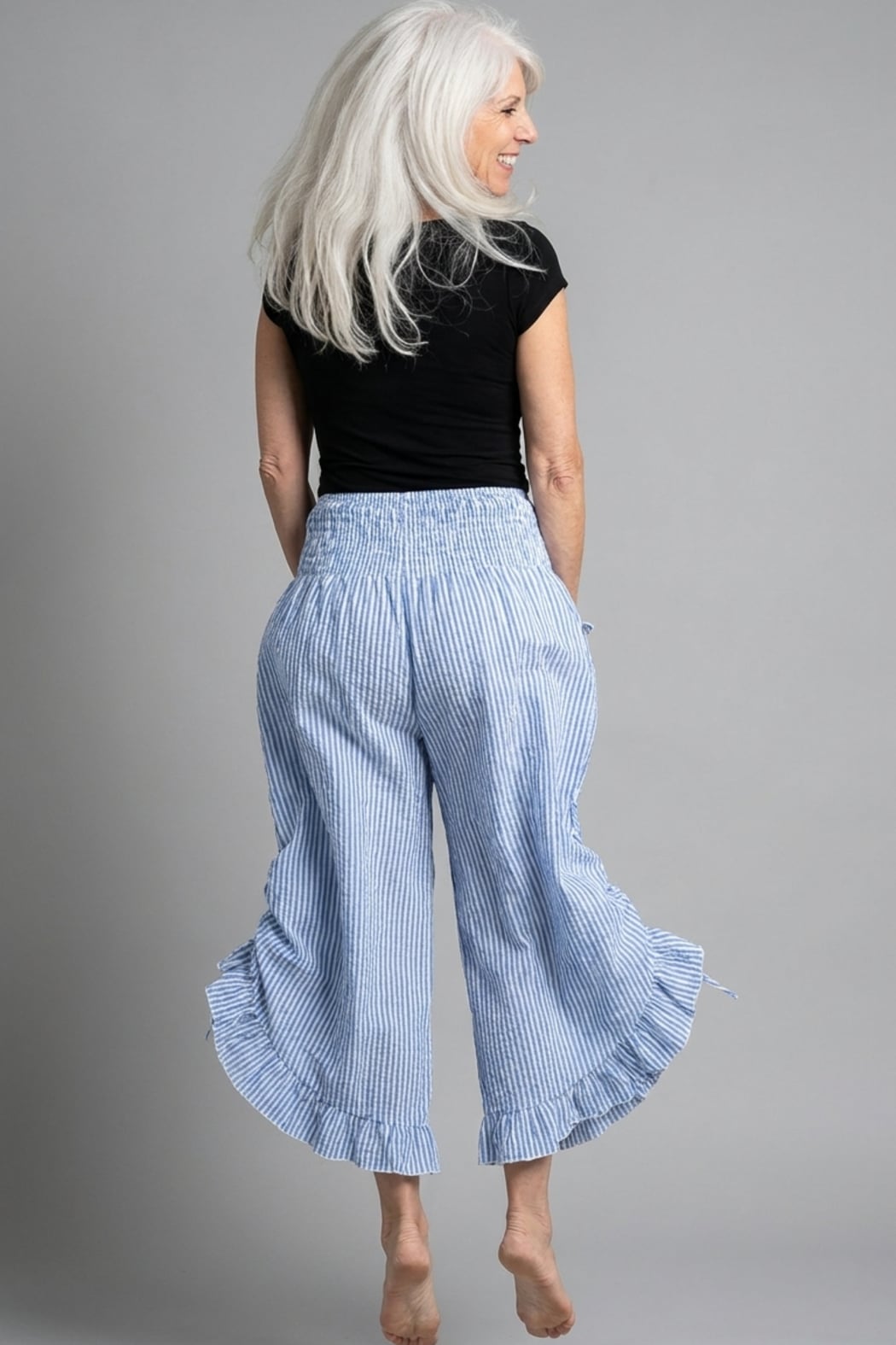 Blue Stripe Ruffled Hem Pantaloon Pant