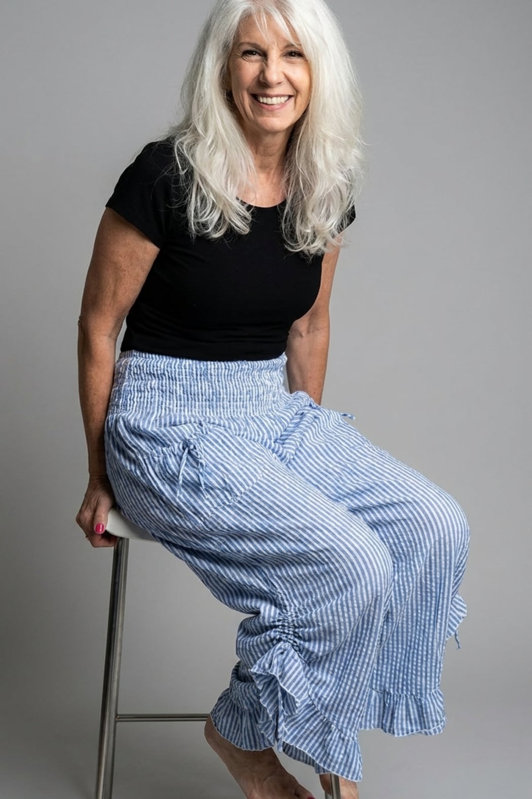 Blue Stripe Ruffled Hem Pantaloon Pant