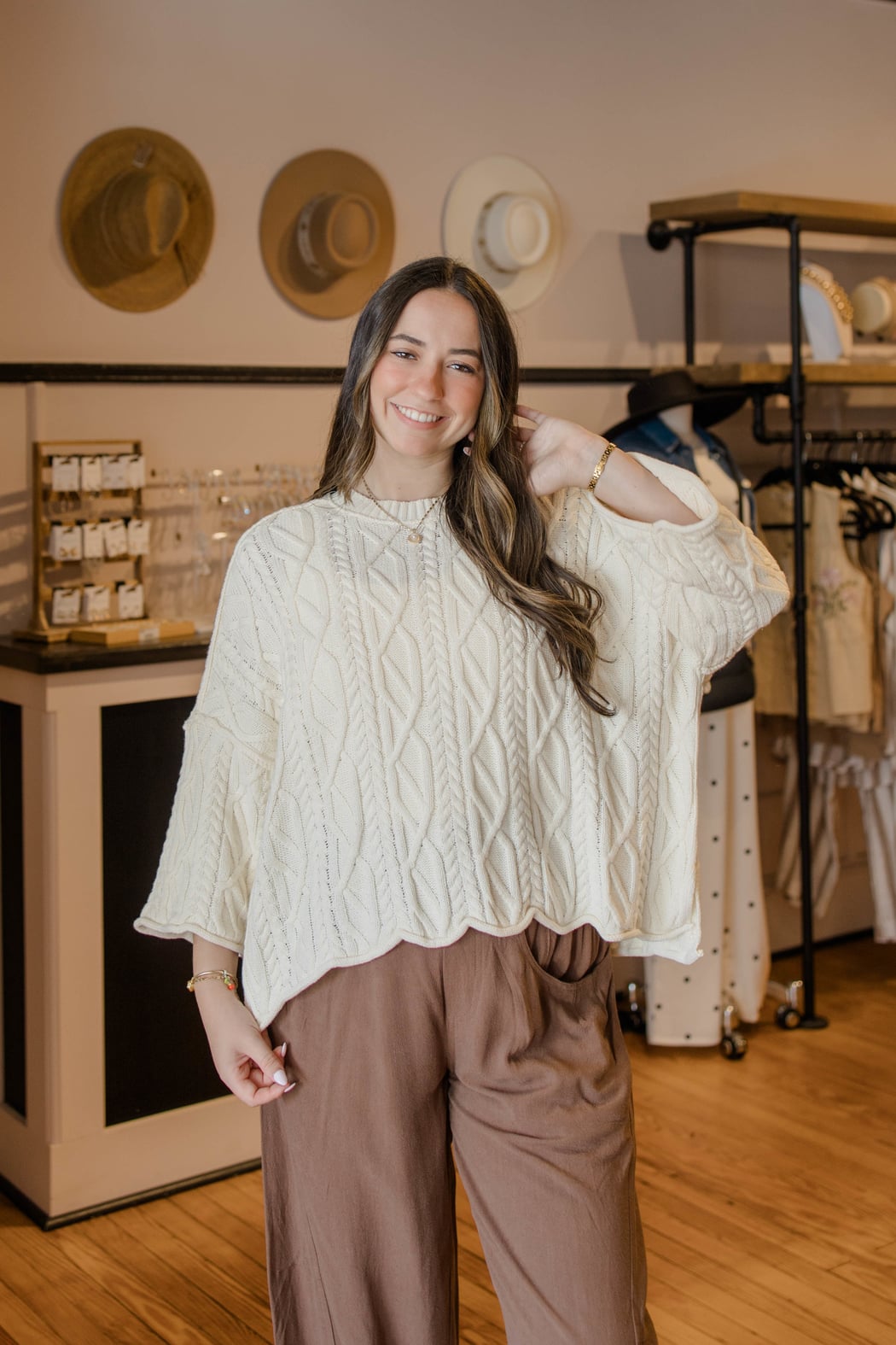Cream Oversized Bell Sleeve Cable Sweater