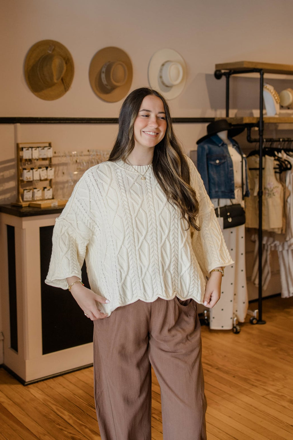 Cream Oversized Bell Sleeve Cable Sweater