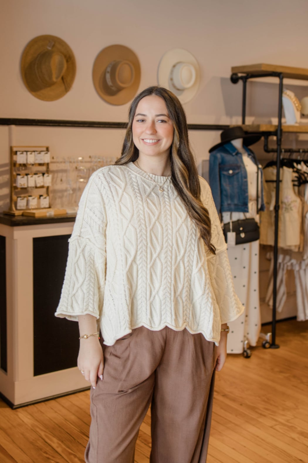 Cream Oversized Bell Sleeve Cable Sweater