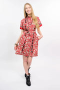 Crimson Floral Shirtdress with Embroidered Black Flowers