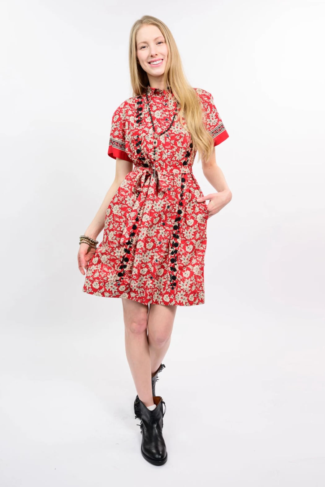 Crimson Floral Shirtdress with Embroidered Black Flowers