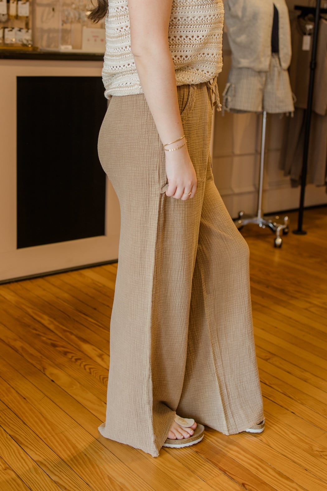 Crinkled Gauze Wide-Leg Pants