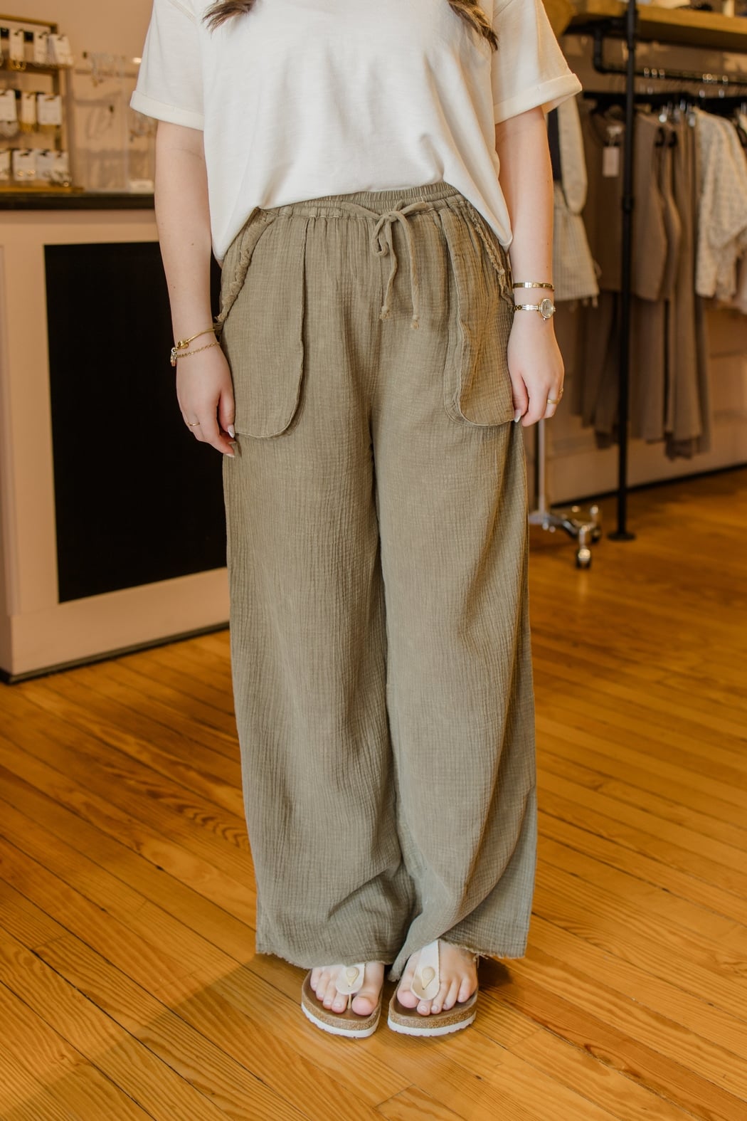 Crinkled Gauze Wide-Leg Pants