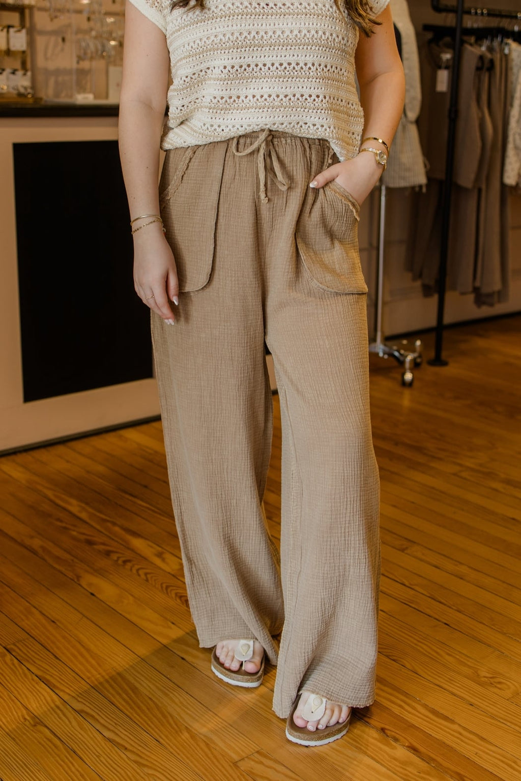 Crinkled Gauze Wide-Leg Pants