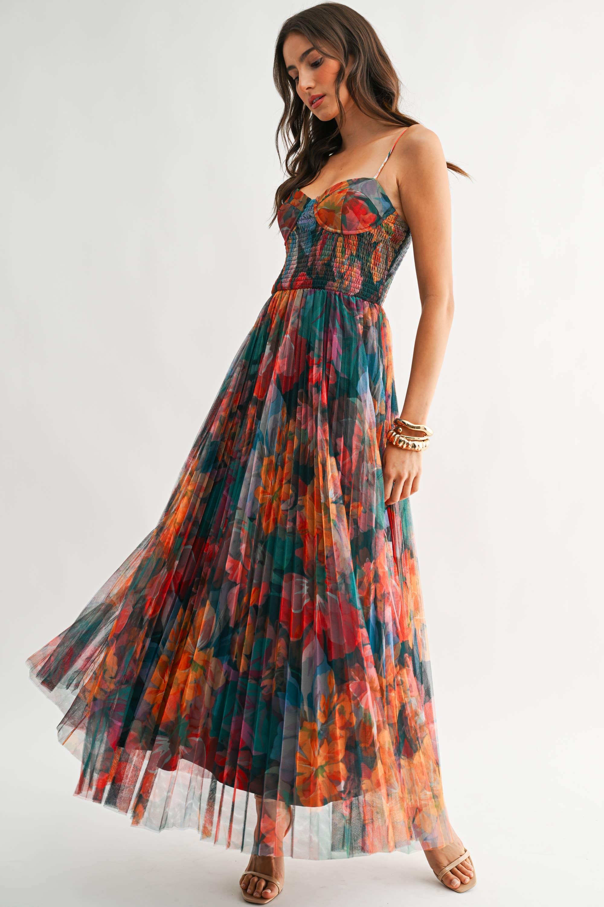 MIDNIGHT BLOOM PLEATED MAXI DRESS *FS