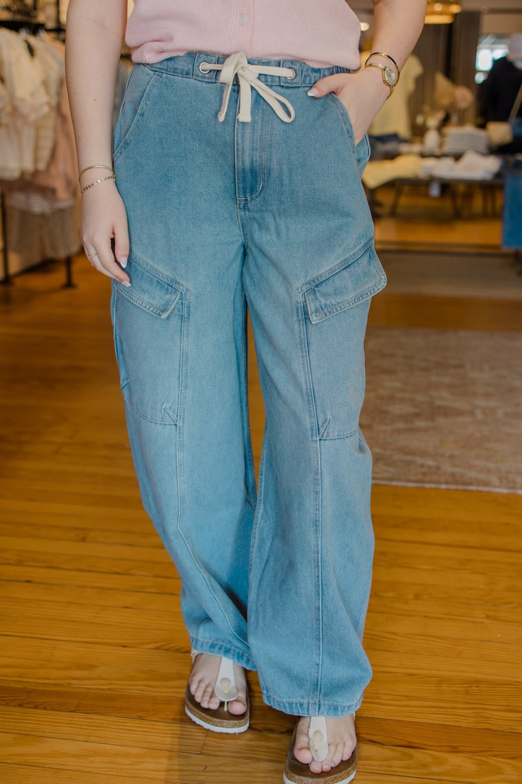 Denim Cargo Drawstring Barrel Jeans