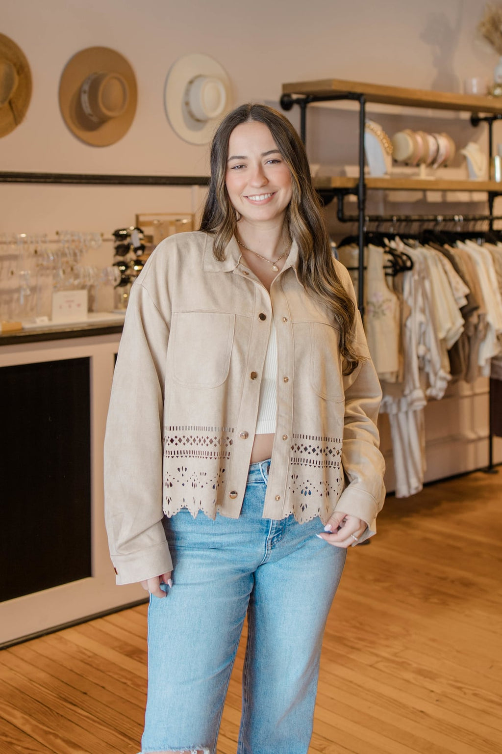 Die-Cut Faux Suede Cropped Jacket