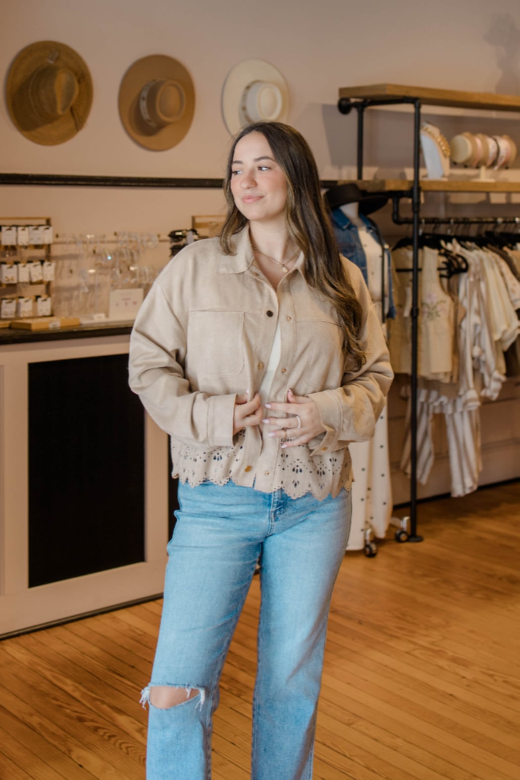 Die-Cut Faux Suede Cropped Jacket