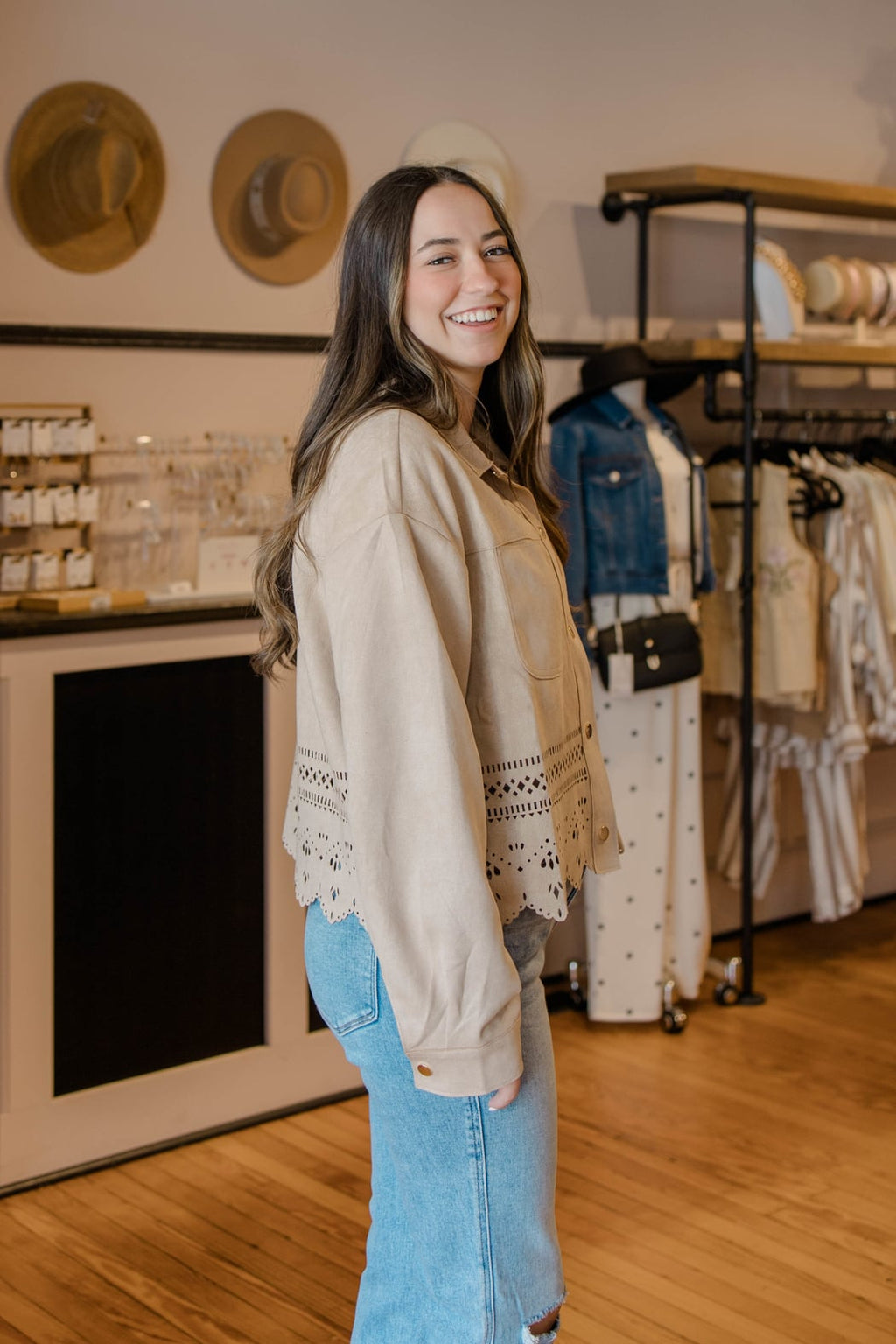 Die-Cut Faux Suede Cropped Jacket
