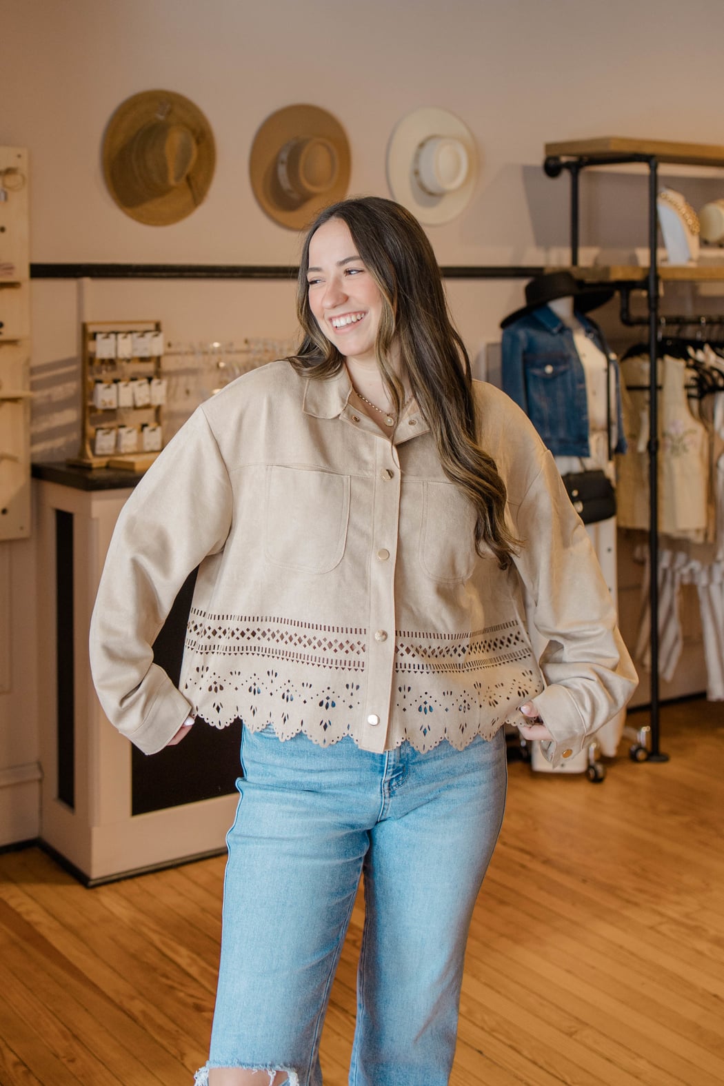 Die-Cut Faux Suede Cropped Jacket