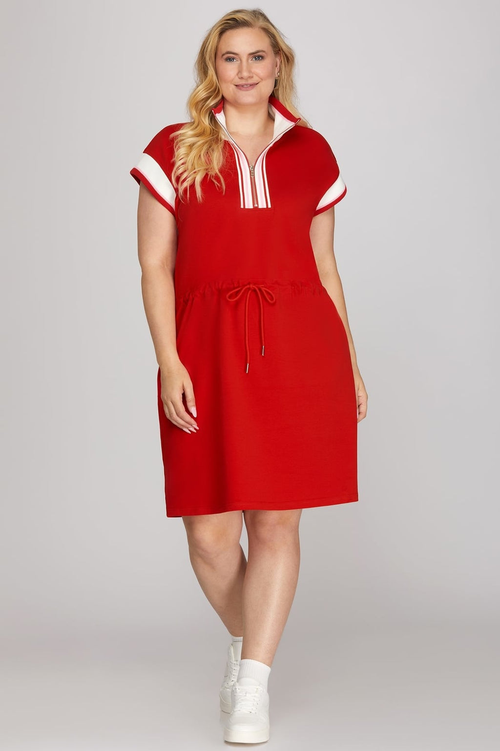 Drawstring Knit Mini Dress with Rib Band Detail