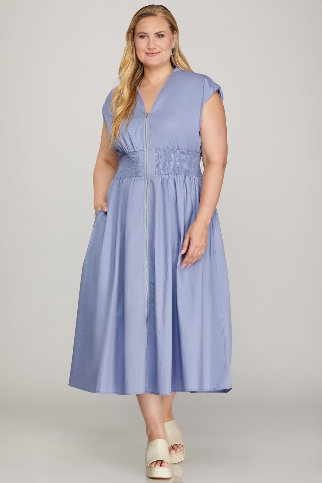 Drop Shoulder Smocked Midi Dress