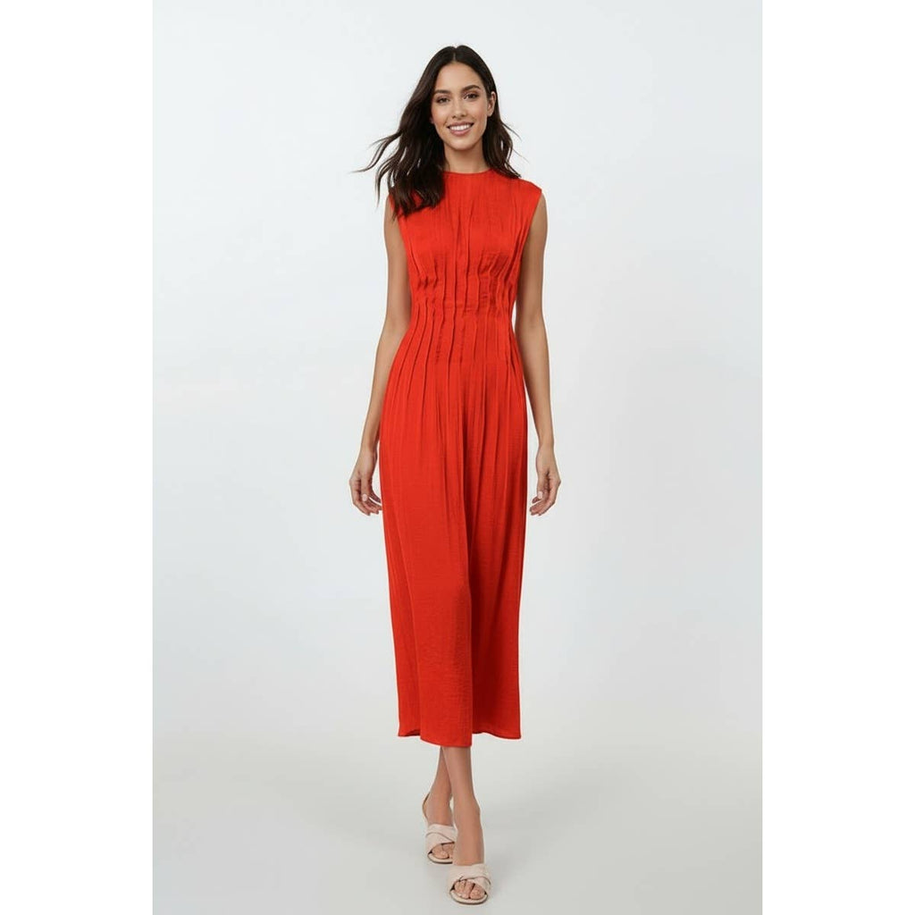 Silky Pleated Midi Dress - green or red