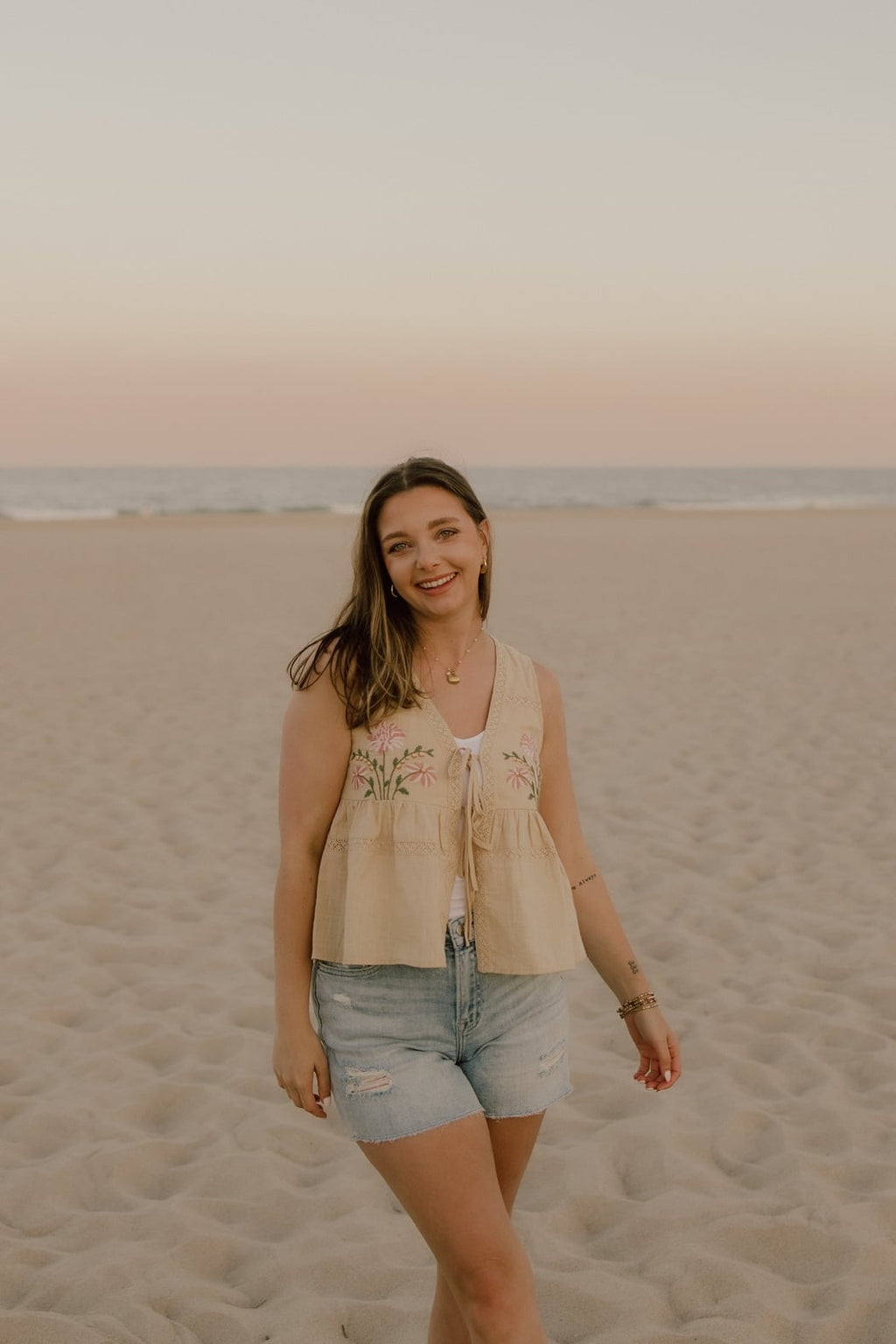 Embroidered Floral Tie-Front Tank