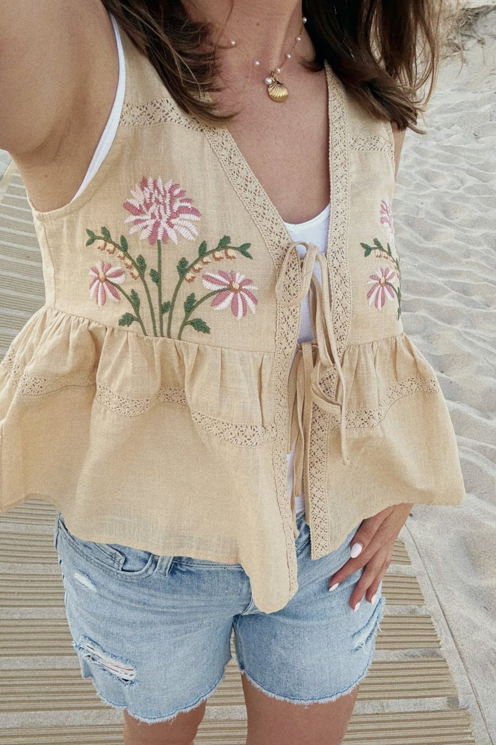 Embroidered Floral Tie-Front Tank