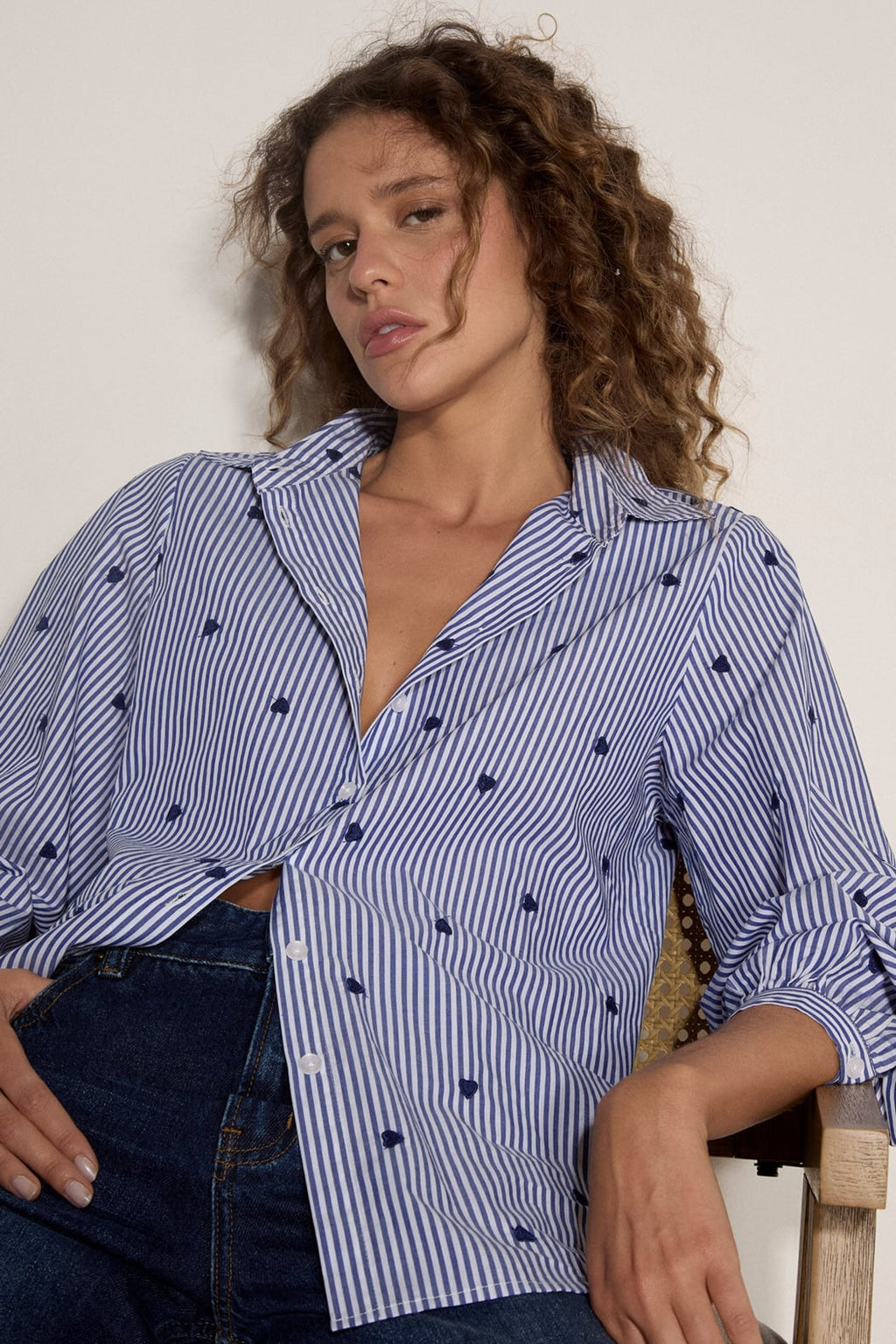 Embroidered Hearts Button Down Blouse