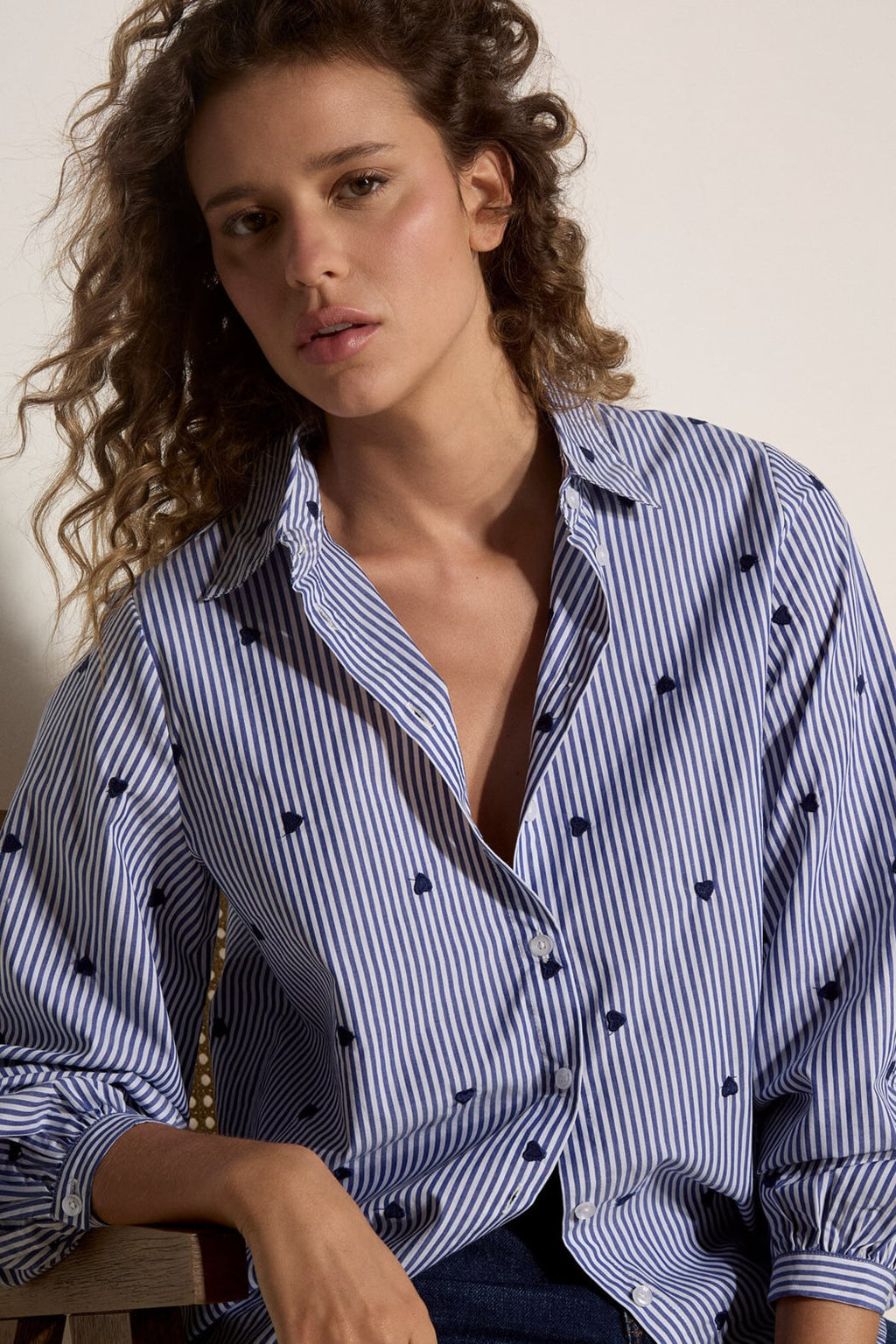 Embroidered Hearts Button Down Blouse