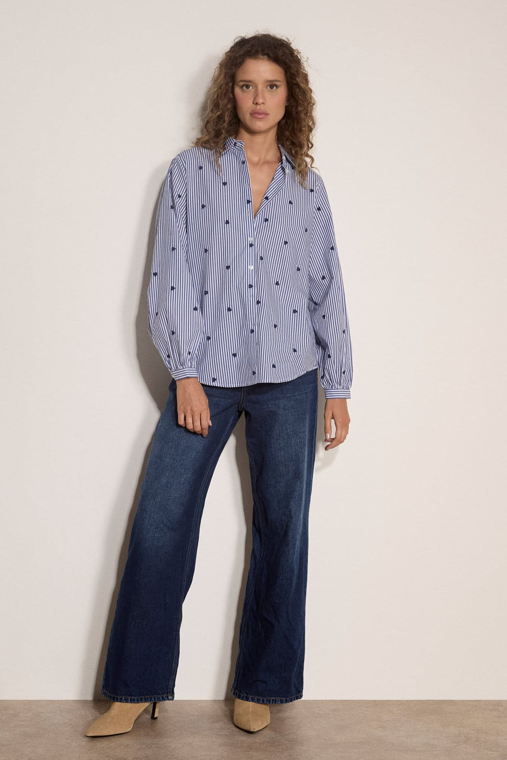 Embroidered Hearts Button Down Blouse