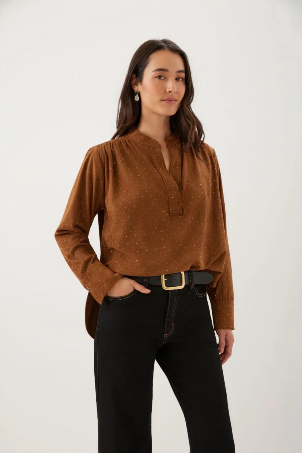 Faux Suede Embellished Half-Placket Shirt