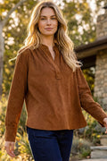 Faux Suede Embellished Half-Placket Shirt