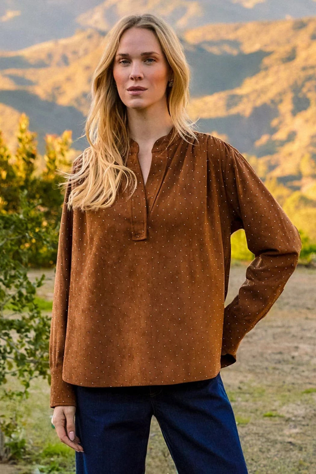 Faux Suede Embellished Half-Placket Shirt