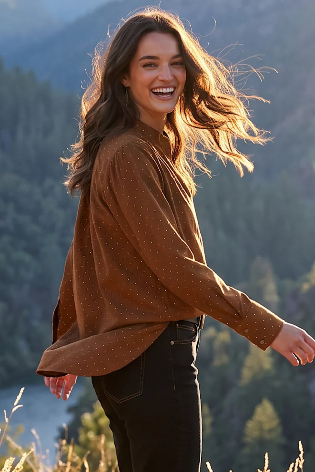 Faux Suede Embellished Half-Placket Shirt
