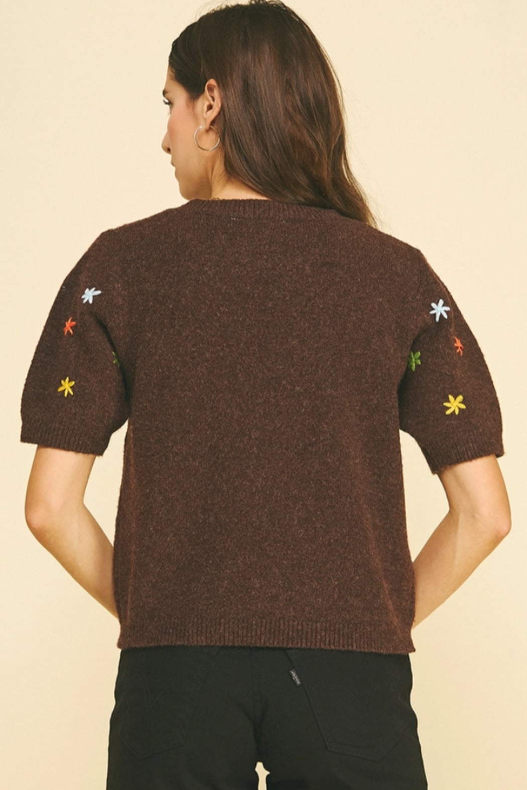 Floral Embroidered Short Sleeve Sweater