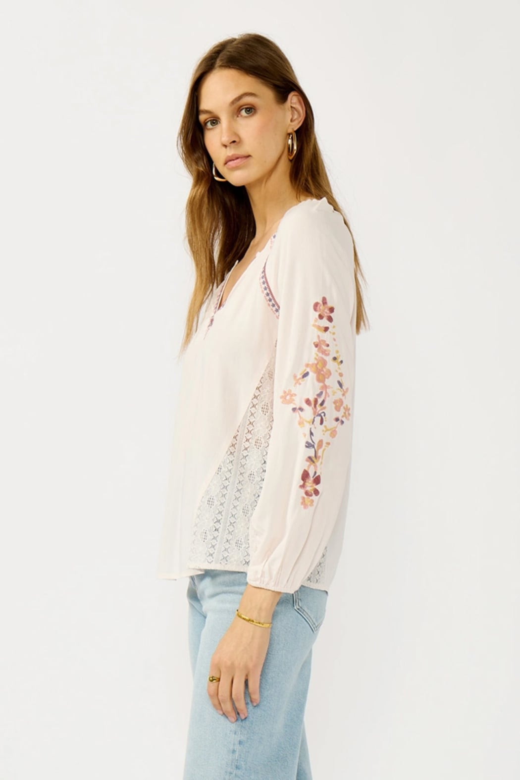 Floral Lace Inset Peasant Blouse