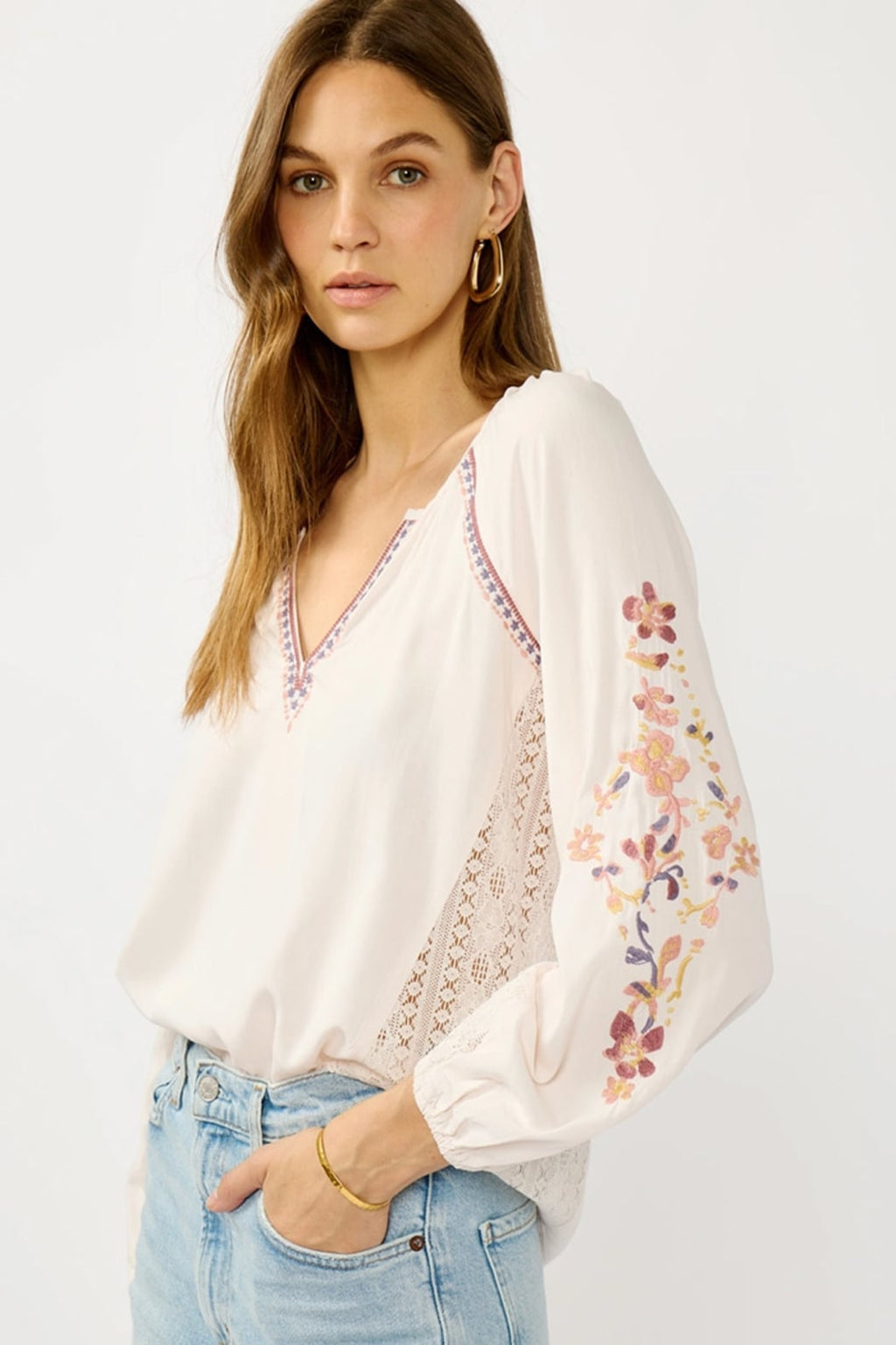 Floral Lace Inset Peasant Blouse