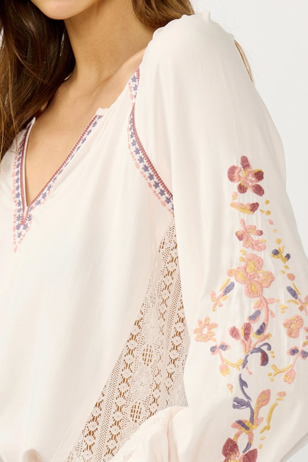 Floral Lace Inset Peasant Blouse