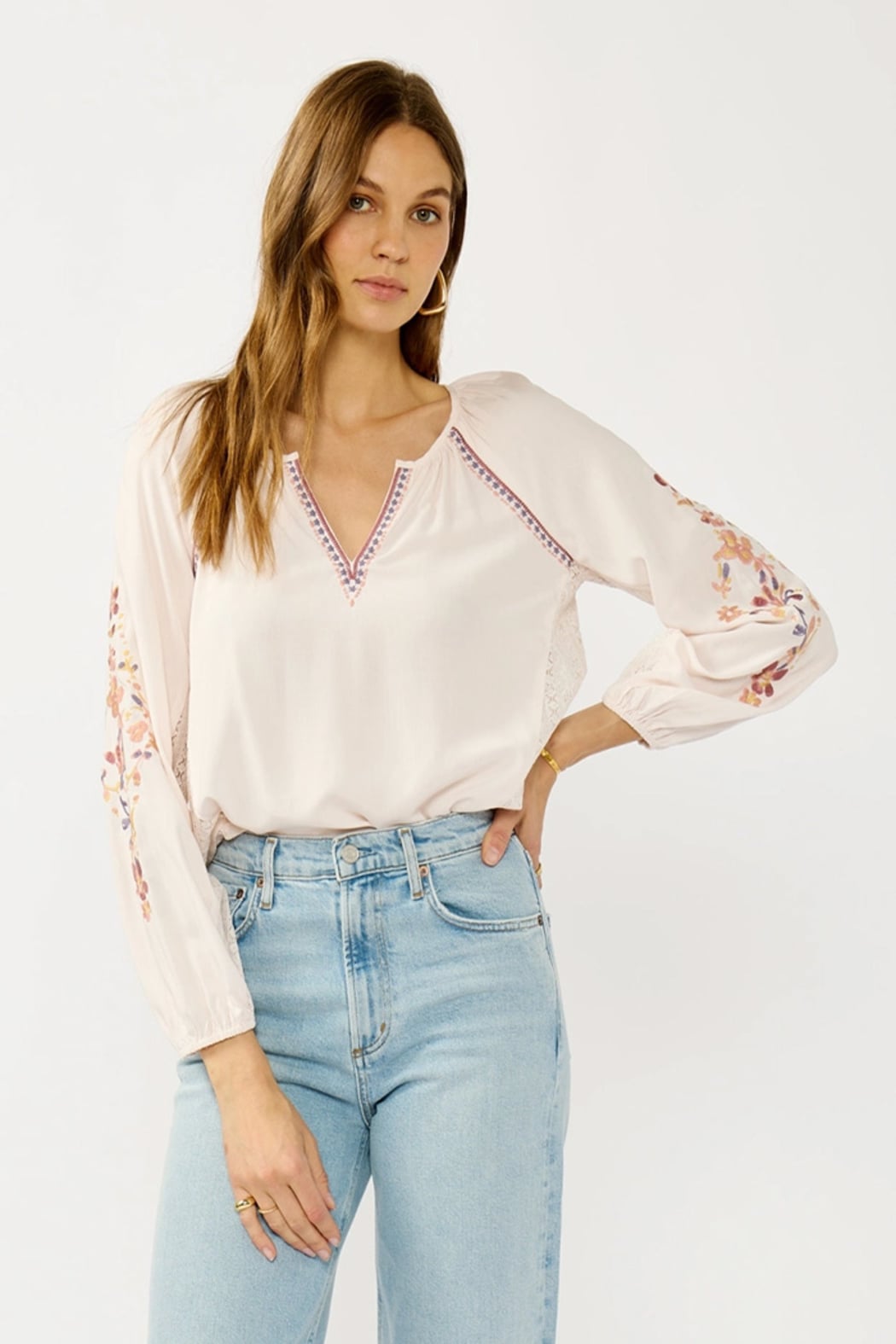 Floral Lace Inset Peasant Blouse