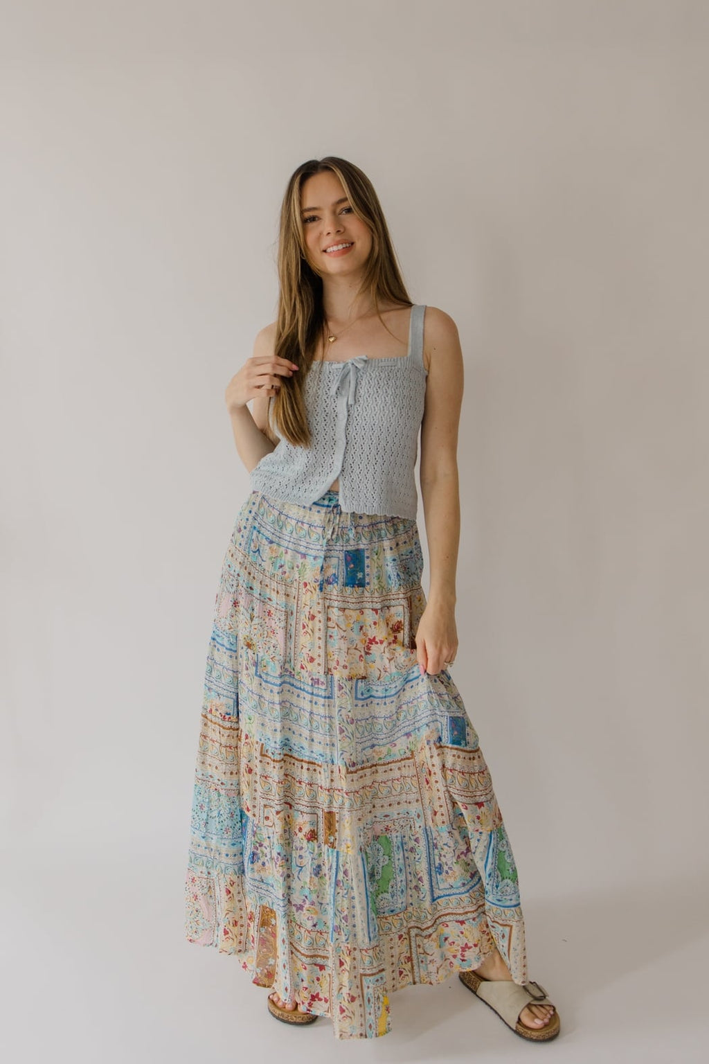 Floral Print Patchwork Maxi Tiered Skirt