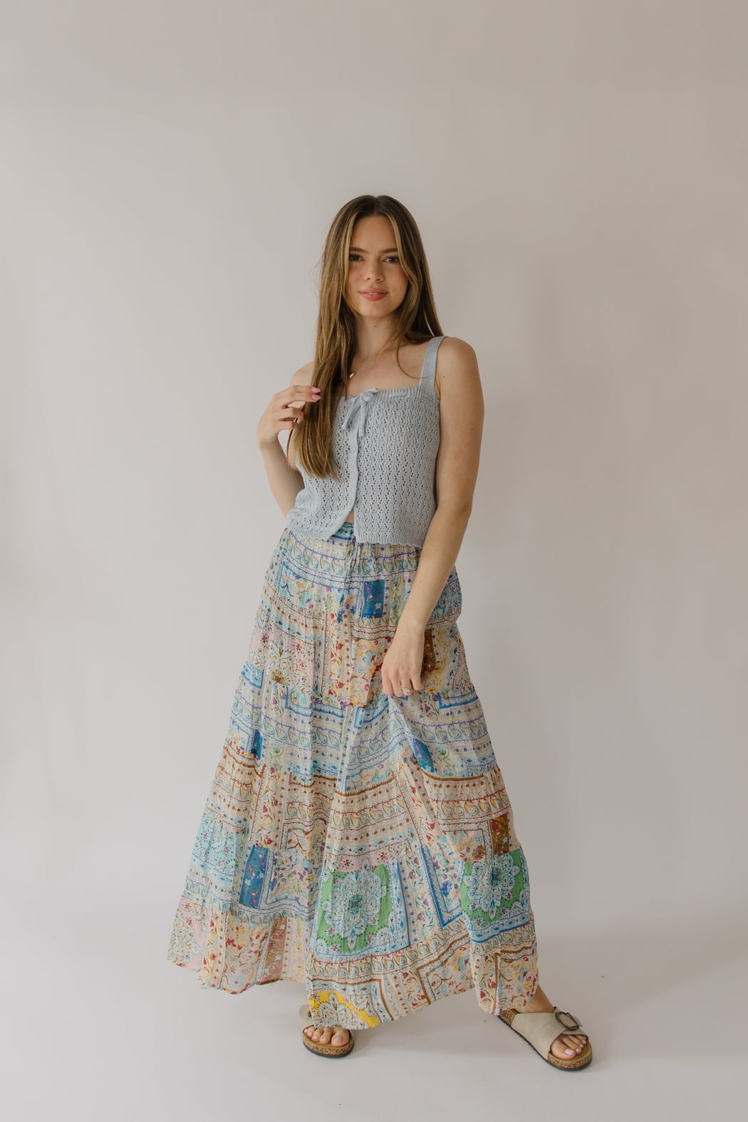 Floral Print Patchwork Maxi Tiered Skirt