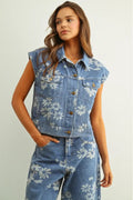 Floral Printed Denim Vest