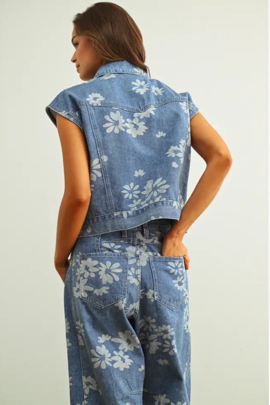 Floral Printed Denim Vest