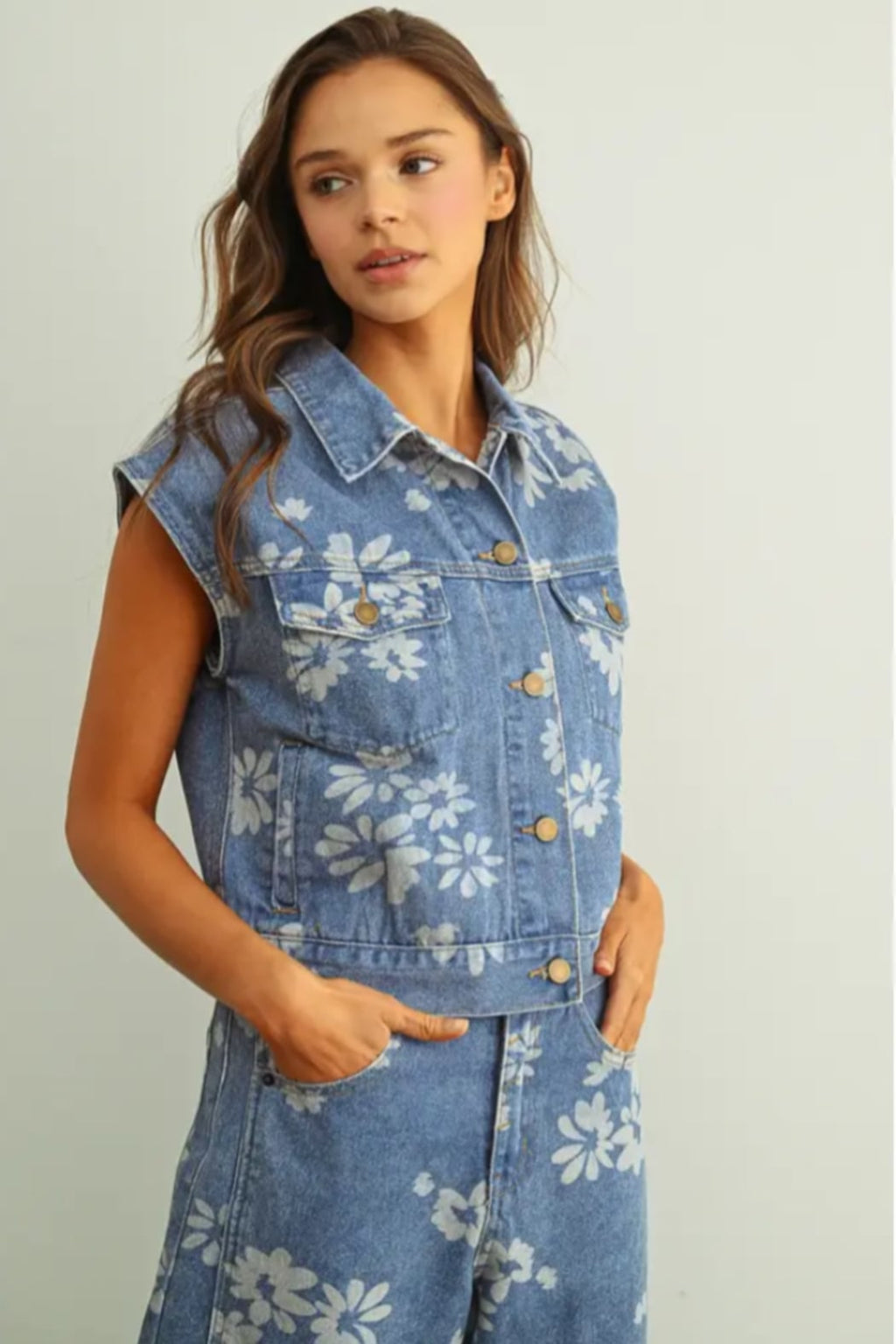 Floral Printed Denim Vest