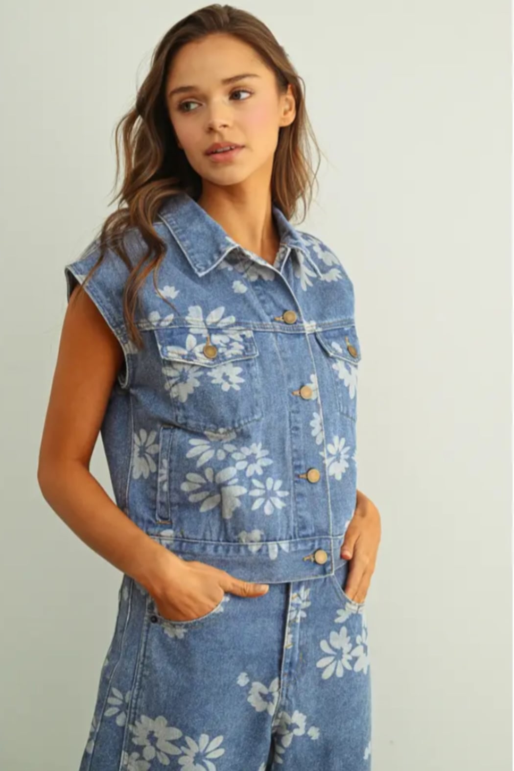 Floral Printed Denim Vest
