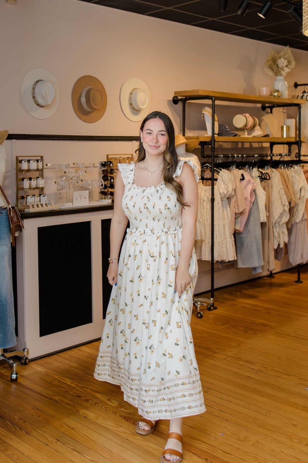Floral Smocked Ruffle Detail Midi Dress