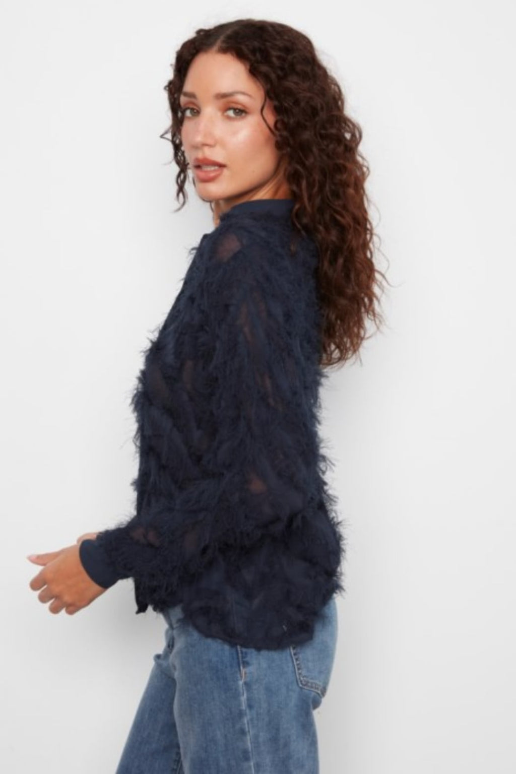 Fringe Fabric Chiffon Blouse with Button Front